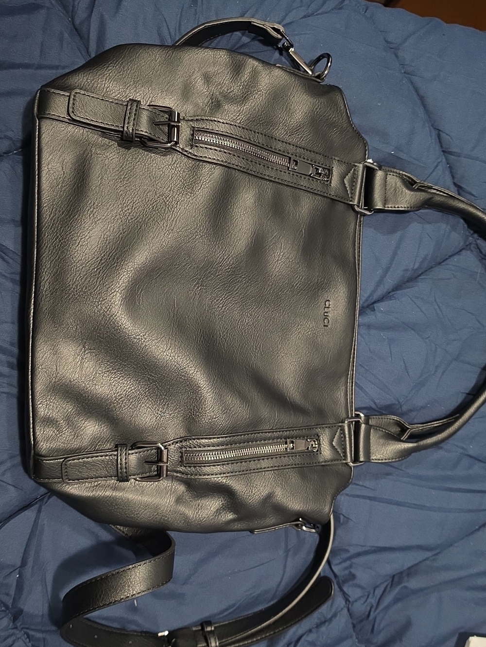 Cluci Black Leather Briefcase Tote with Adjustable Straps